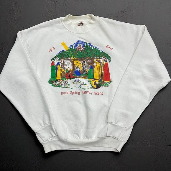 Fruit Of The Loom Vintage 1993 Nativity Scene Crewneck Sweatshirt White Mens XL - Picture 1 of 7